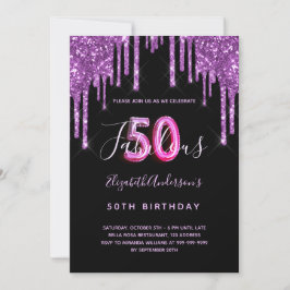 Invitación 50 y fabuloso purpurina goteando glam morado negro