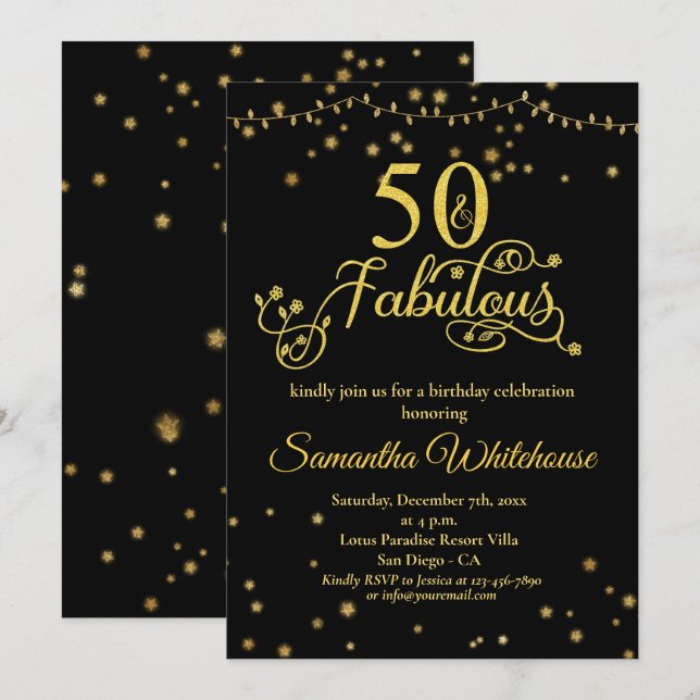 Invitación 50 y Fabuloso Purpurina negro dorado    Cumpleaños (Anverso / Reverso)