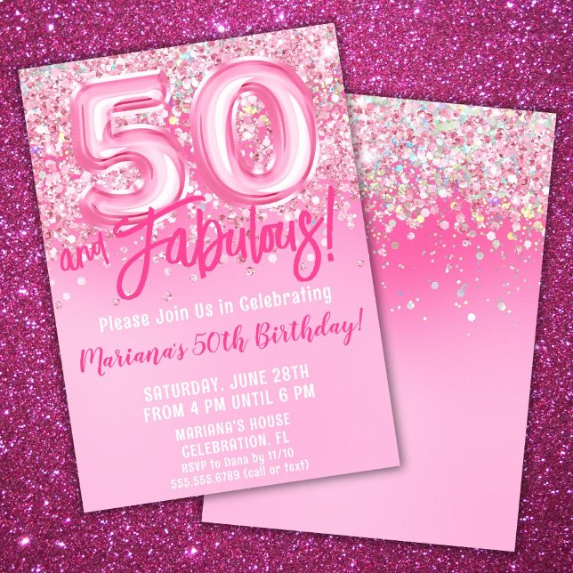 Invitación 50 y fabuloso Purpurina Rosa de Cumpleaños (Subido por el creador)