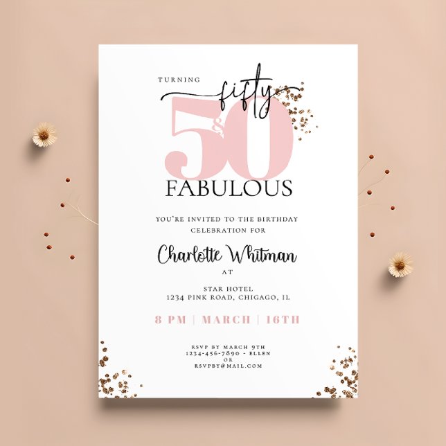 Invitación "50 y fabuloso" Purpurina rosa mínimo y negro (Subido por el creador)