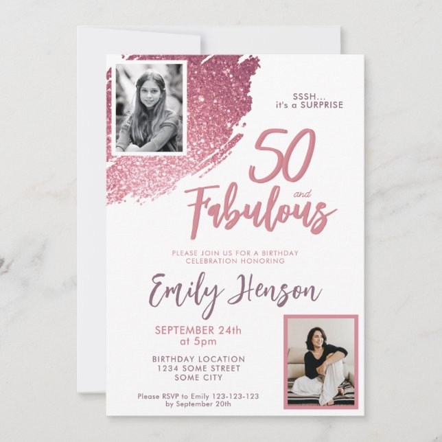 Invitación 50 y fabuloso Purpurina rosado 2 Foto 50 cumpleaño (Anverso)