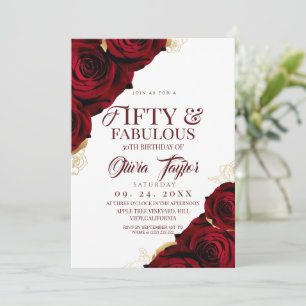 Invitación 50 y fabuloso ramo de rosas rojas floral elegante 