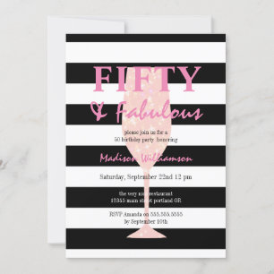 Invitación 50 y fabuloso  Raya negra blanca Champagne rosa