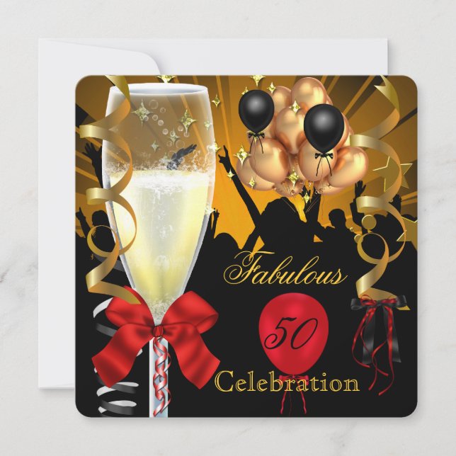 Invitación 50 y fabuloso Red Gold Black Birthday Party 2 (Anverso)