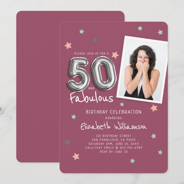 Invitación 50 y fabuloso Relieve metalizado Estrellas de glob (Anverso / Reverso)