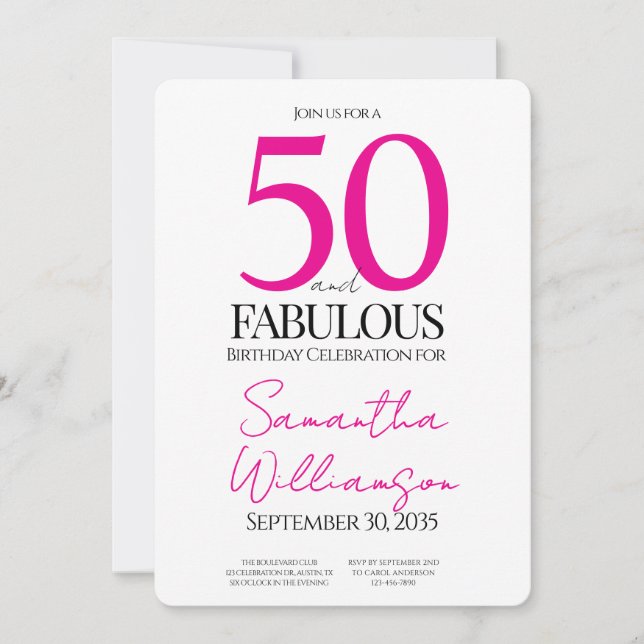 Invitación 50 y Fabuloso Rosa | Cumpleaños 50 Elegante (Anverso)