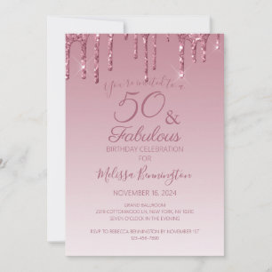 Invitación 50 y Fabuloso Rosa Dorado Brillante con Glitter 