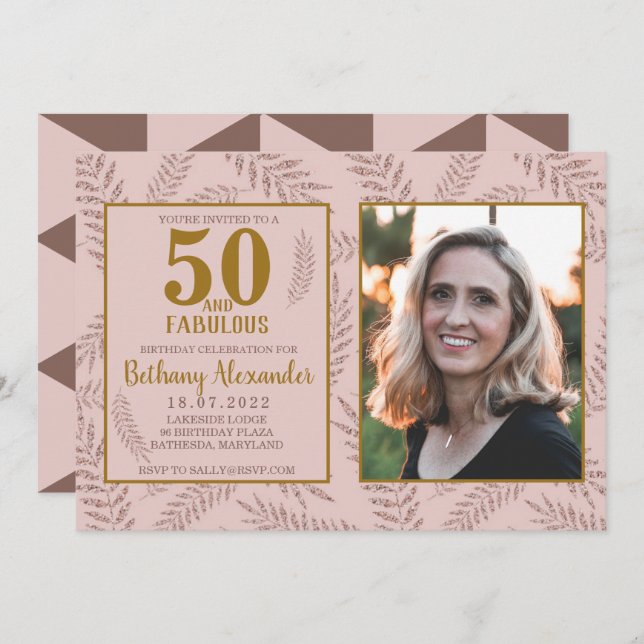 Invitación 50 y fabuloso Rosa Dorado Cumpleaños (Anverso / Reverso)