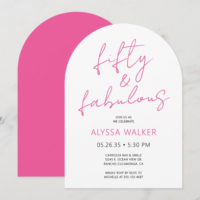 Invitación 50 y fabuloso Rosa Moderno Script Cumpleaños 50 (Anverso / Reverso)