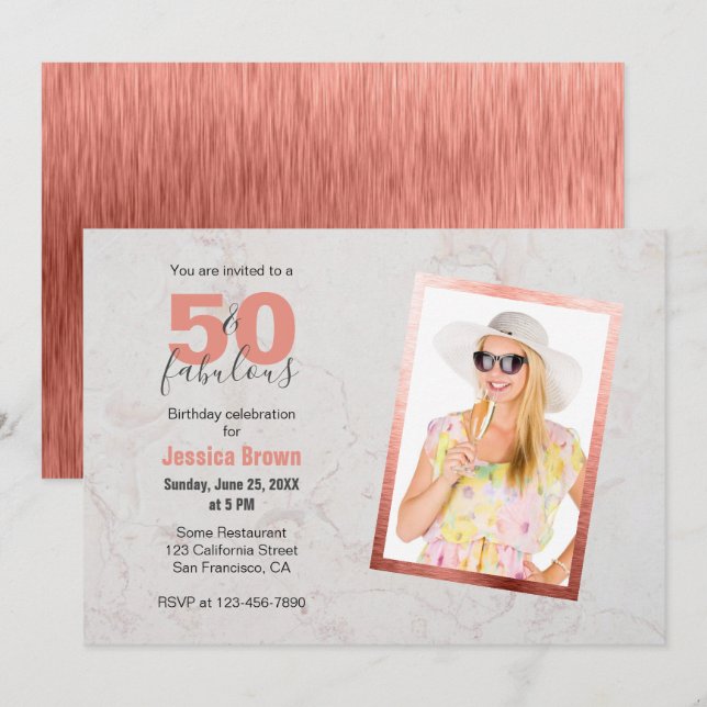 Invitación 50 y fabuloso Rosa oro Mármol rosa 50 cumpleaños (Anverso / Reverso)