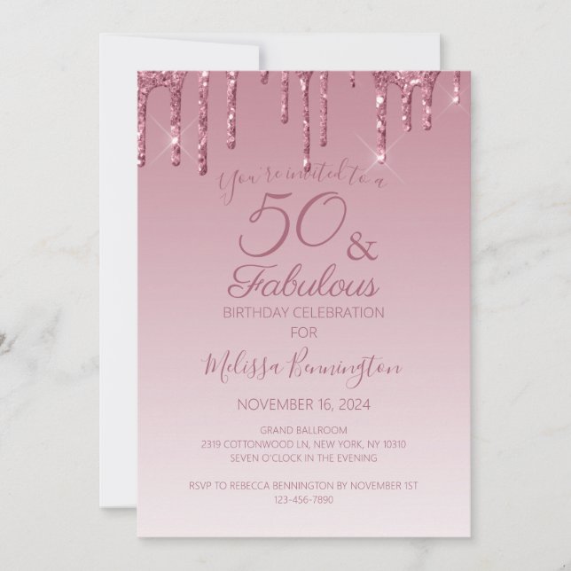 Invitación 50 y fabuloso rosa oro rosa goteo brillo (Anverso)