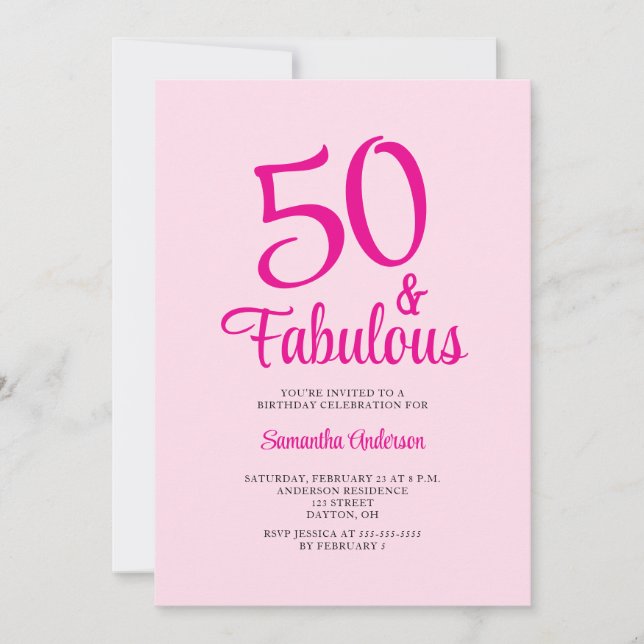 Invitación 50 y Fabuloso Rosa Pálido Cumpleaños 50 Fiesta  (Anverso)