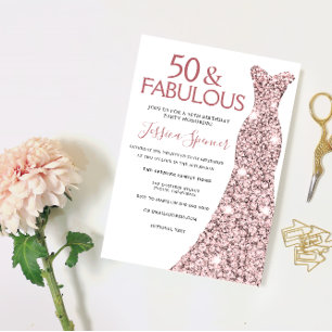 Invitación 50 y fabuloso Rosa vestido de oro 50 cumpleaños