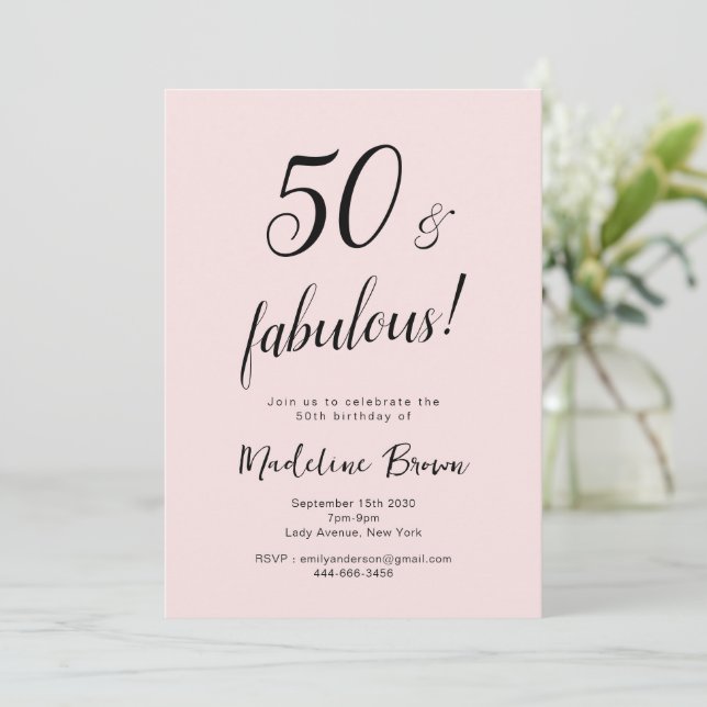 Invitación 50 y fabuloso Rubor Pink Black 50 cumpleaños (Anverso de pie)