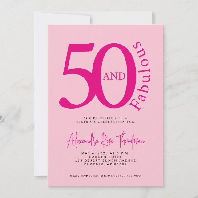 Invitación 50 y fabuloso tono rosa guión Cumpleaños 50 (Anverso)