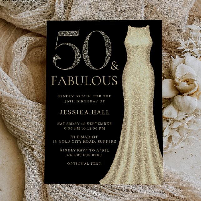 Invitación 50 y fabuloso vestido de espuma dorada 50 cumpleañ (Subido por el creador)
