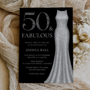 Invitación 50 y fabuloso vestido de espuma plateada 50 cumple