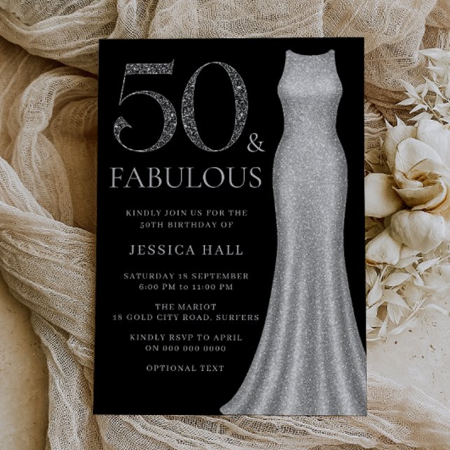 Invitación 50 y fabuloso vestido de espuma plateada 50 cumple (Subido por el creador)