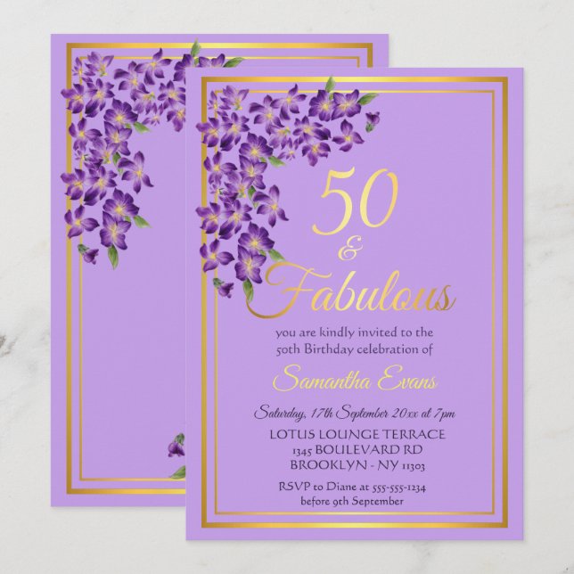 Invitación 50 y fabuloso Violeta de Oro 50 cumpleaños (Anverso / Reverso)