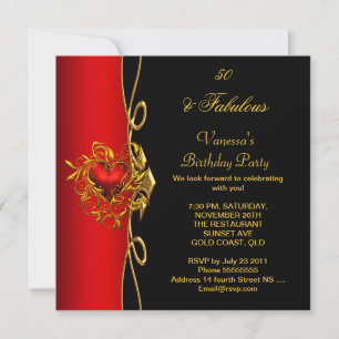 Invitación 50 y fabulosos 50 cumpleaños corazones rojos y dor
