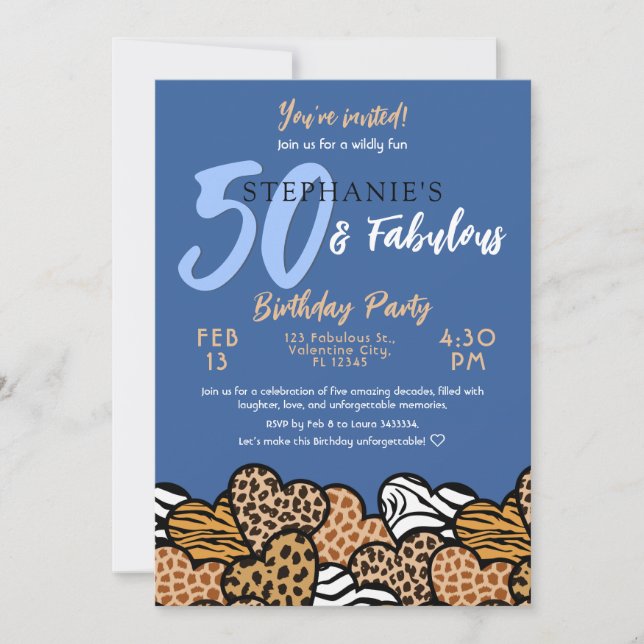 Invitación 50 y fabulosos corazones salvajes azules 50 cumple (Anverso)