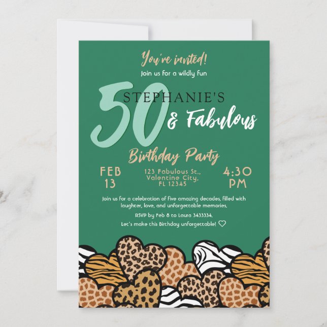 Invitación 50 y fabulosos corazones salvajes de esmeralda 50  (Anverso)