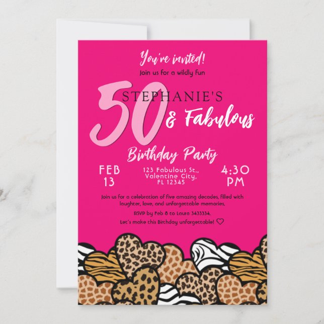 Invitación 50 y fabulosos corazones salvajes rosados 50 cumpl (Anverso)