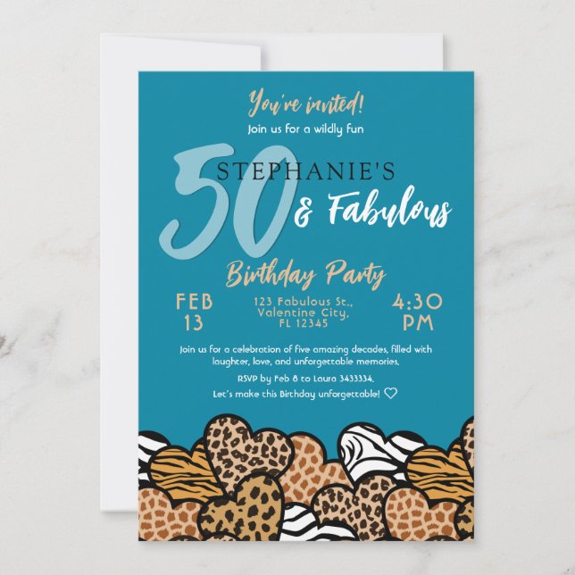 Invitación 50 y fabulosos corazones salvajes Verde azulados 5 (Anverso)