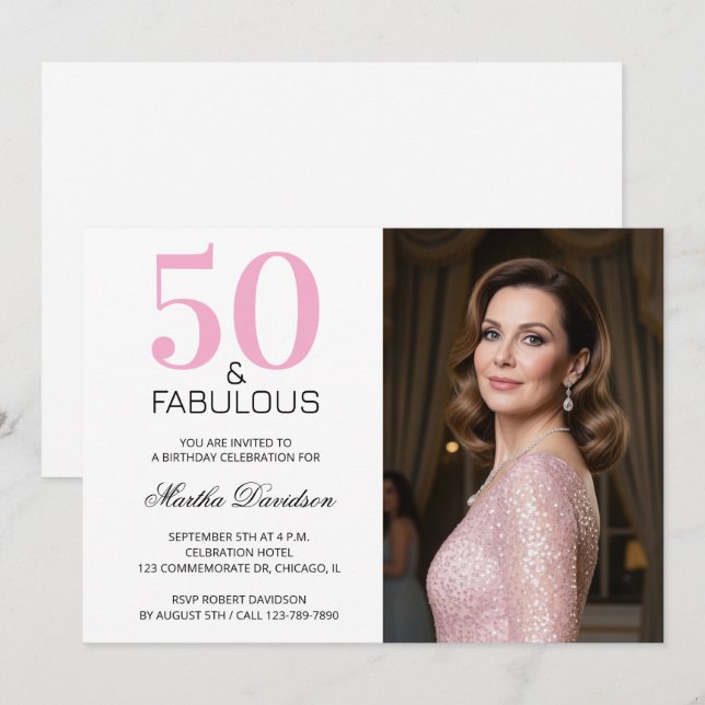 Invitación 50 y Fabulosos Cumpleaños 50 Rosado (Anverso / Reverso)