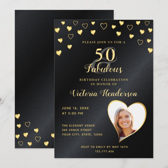 Invitación 50 y fabulosos Faux Black Metallic & Gold Birthday (Anverso / Reverso)