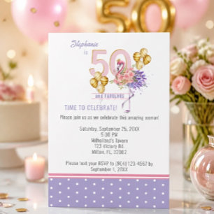 Invitación 50 y fabulosos flamencos florales rosados de cumpl