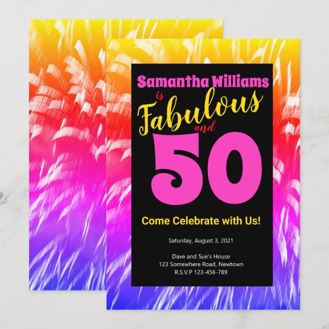 Invitación 50 y fabulosos fuegos arcoiris de cumpleaños (Anverso / Reverso)