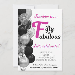 Invitación 50 y fabulosos globos rosados y negros de cumpleañ