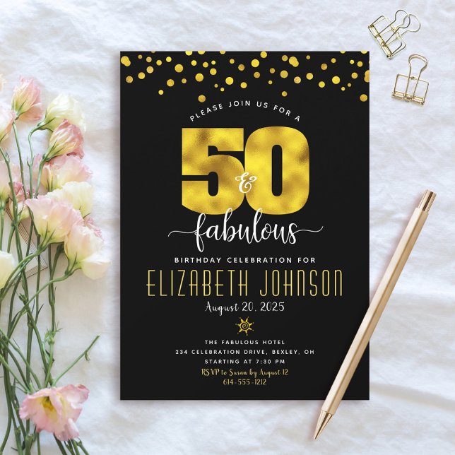 Invitación 50 y fabulosos puntos de confeti de oro negro de c (Subido por el creador)