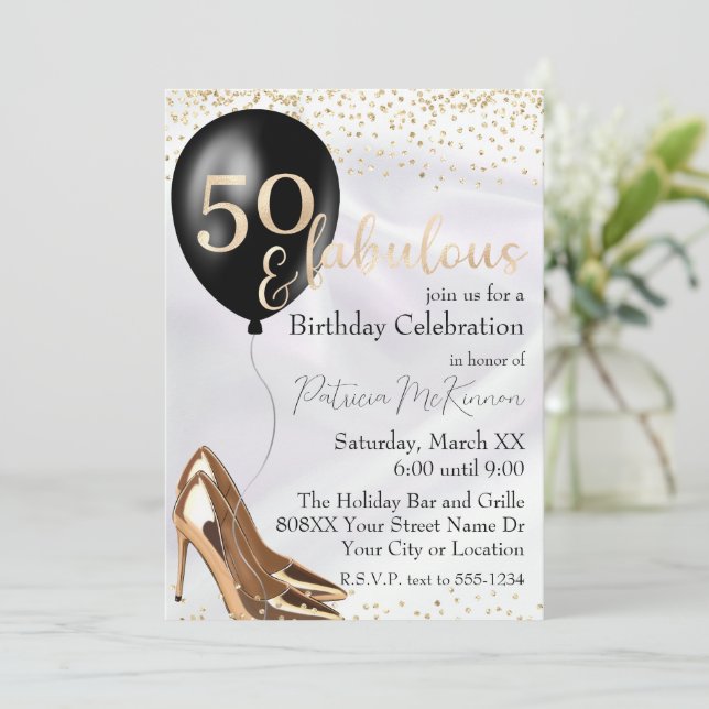 Invitación 50 y fabulosos tacones altos de oro (Anverso de pie)