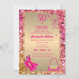 Invitación 50 y fabulosos tacones altos Glam Purpurinoso rosa