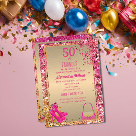 Invitación 50 y Fabulosos Tacones Altos Lujo Dorado Rosa Bril