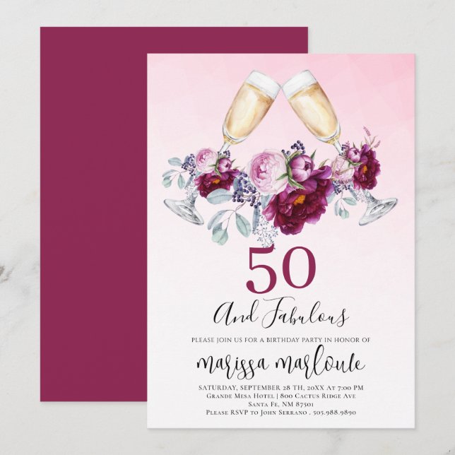 Invitación 50 Y Fabulosos Vidrios De Champagne Cumpleaños Flo (Anverso / Reverso)