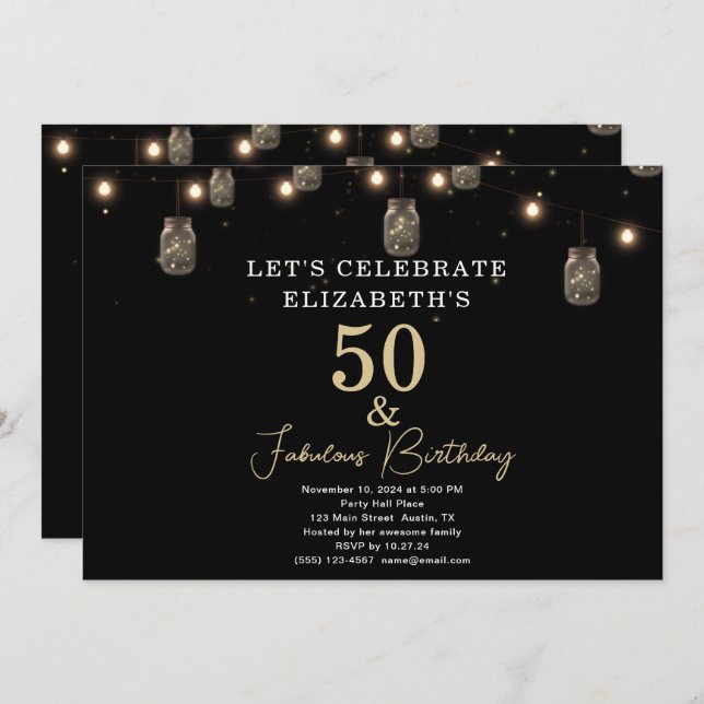 Invitación 50 y Fabulous Black with String Lights (Anverso / Reverso)