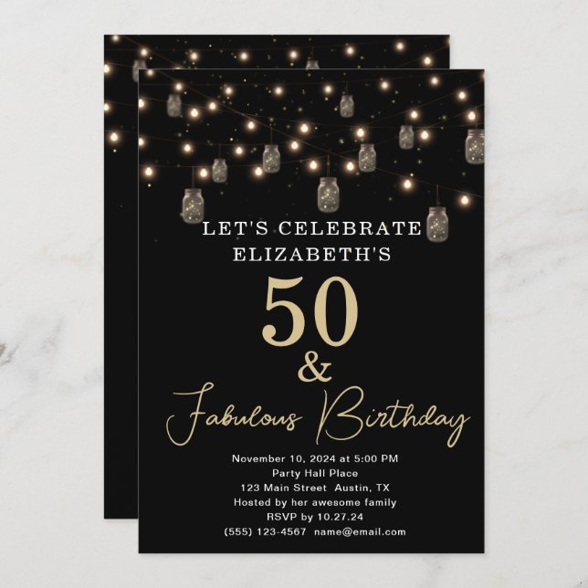 Invitación 50 y Fabulous Black with String Lights (Anverso / Reverso)