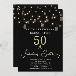 Invitación 50 y Fabulous Black with String Lights