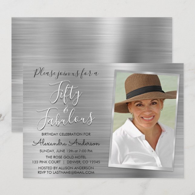 Invitación 50 y Fabulous Elegant Silver Photo (Anverso / Reverso)