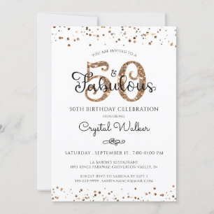 Invitación 50 Y FABULOUS Elegante Script Black Gold Confetti