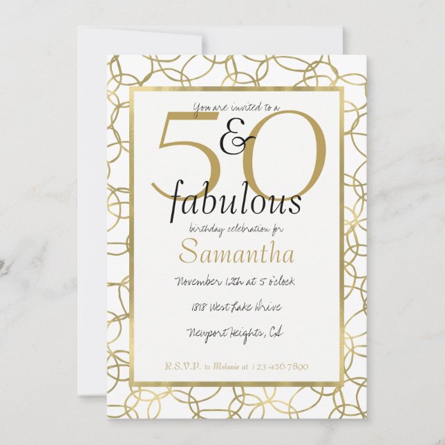 Invitación 50 y Fabulous Glam Gold White Circles Fiesta (Anverso)