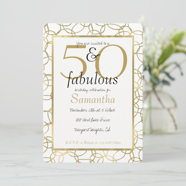 Invitación 50 y Fabulous Glam Gold White Circles Fiesta (Anverso de pie)