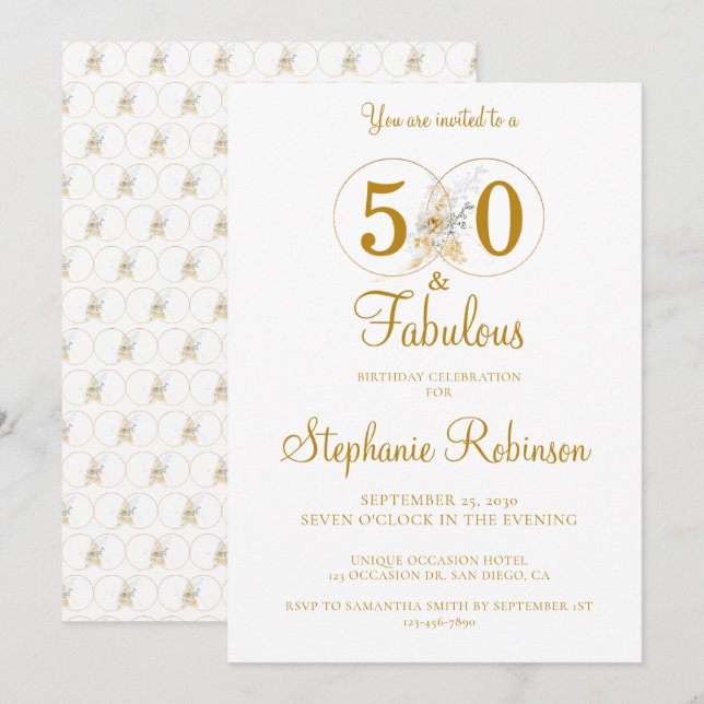 Invitación 50 y Fabulous Gold 50th Birthday Party (Anverso / Reverso)