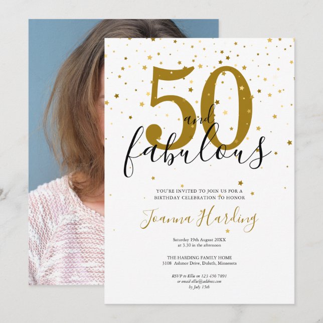 Invitación 50 y Fabulous Gold Black 50th Birthday Photo (Anverso / Reverso)