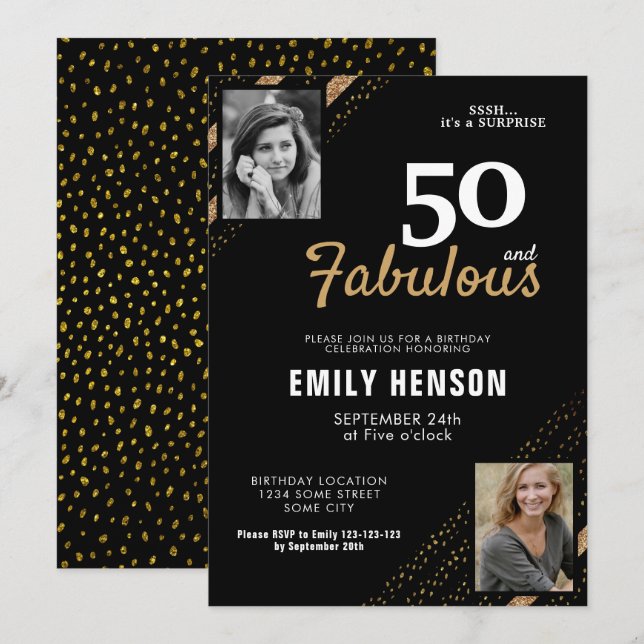 Invitación 50 y Fabulous Gold Purpurina 2 Photo 50th Birthday (Anverso / Reverso)