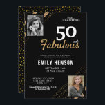 Invitación 50 y Fabulous Gold Purpurina 2 Photo 50th Birthday<br><div class="desc">50 y Fabulous Gold Purpurina 2 Photo 50th Birthday Surprise Party Invitation. Moderna y elegante invitación de cumpleaños negra y falsa purpurina de oro para ella. Añade tus fotos - puedes usar una foto antigua y una nueva. Puede cambiar todo el texto.</div>
