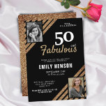 Invitación 50 y Fabulous Gold Purpurina 2 Photo 50th Birthday<br><div class="desc">50 y Fabulous Gold Purpurina 2 Photo 50th Birthday Surprise Party Invitation. Moderna y elegante invitación de cumpleaños negra y falsa purpurina de oro para ella. Añade tus fotos - puedes usar una foto antigua y una nueva. Puede cambiar todo el texto.</div>